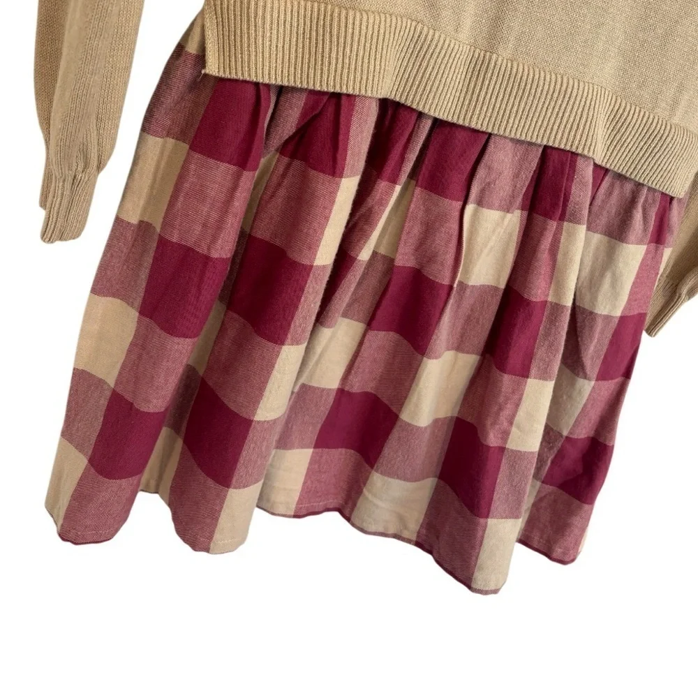 GAP KIDS 2-in-1 SWEATER DRESS, TAN & CRANBERRY PLAID, SIZE L